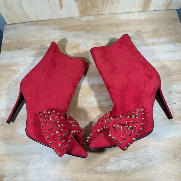 Red Suede Studded Bow Ankle Boots Women’s Size 10 - Picture 2 of 7